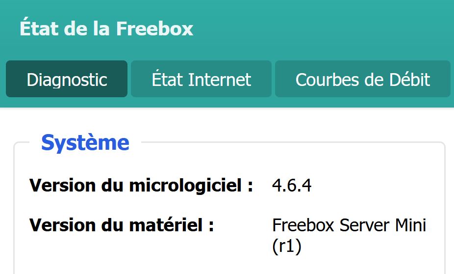 Capture d'écran sous Freebox OS de l'état d'une Freebox Mini 4K en version 4.6.4