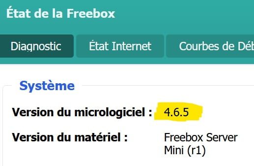 Capture d'écran sous Freebox OS de l'état d'une Freebox Mini 4K en version 4.6.5
