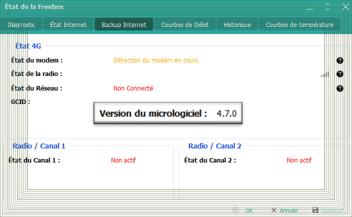 Capture d'écran sous Freebox OS de l'état d'une Freebox Mini 4K en version 4.7.0