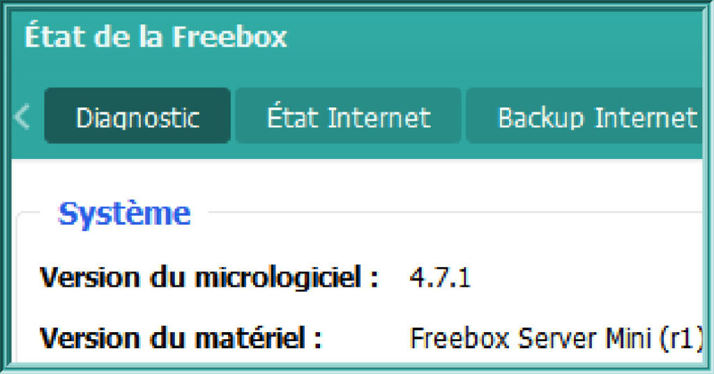 Capture d'écran sous Freebox OS de l'état d'une Freebox Mini 4K en version 4.7.1