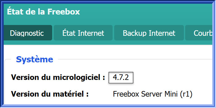Capture d'écran sous Freebox OS de l'état d'une Freebox Mini 4K en version 4.7.2