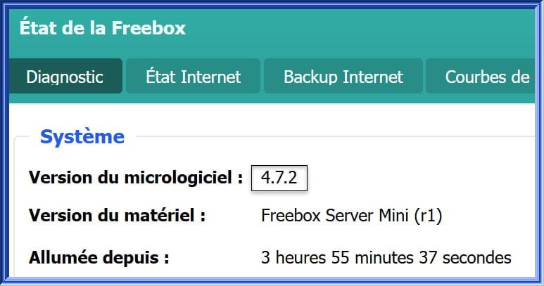 Capture d'écran sous Freebox OS de l'état d'une Freebox Mini 4K en version 4.7.2