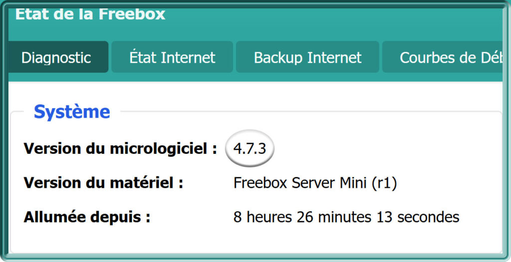 Capture d'écran sous Freebox OS de l'état d'une Freebox Mini 4K en version 4.7.3