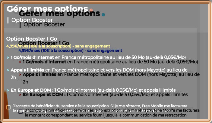 Nouvelle page de souscription à l'option Booster 1 Go avec frais d'activation