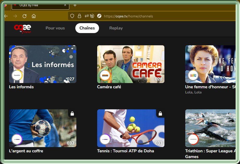 OQEE by Free présentation des chaînes de Freebox TV dans un navigateur