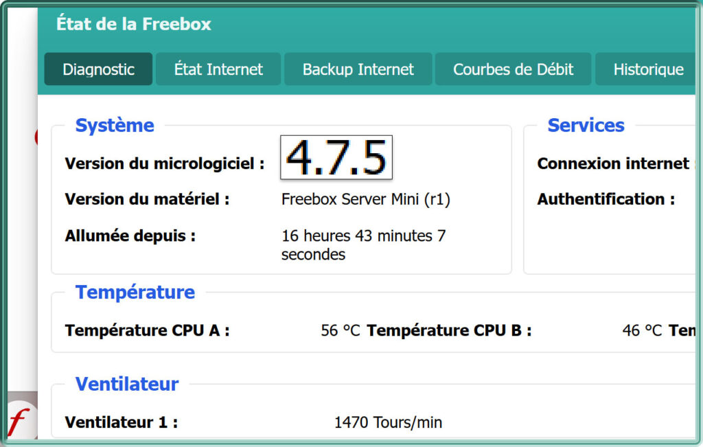 Capture d'écran sous Freebox OS de l'état d'une Freebox Mini 4K en version 4.7.5
