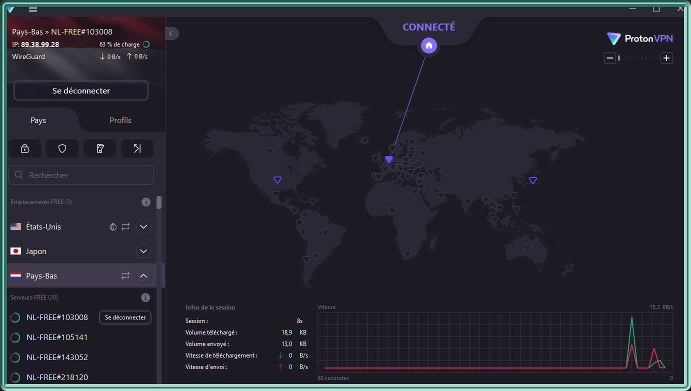 Capture d'écran de Proton VPN en mode connecté