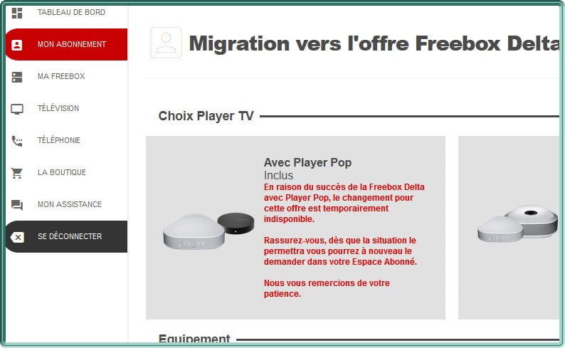 Capture d'écran du processus de migration vers la Frebox Delta