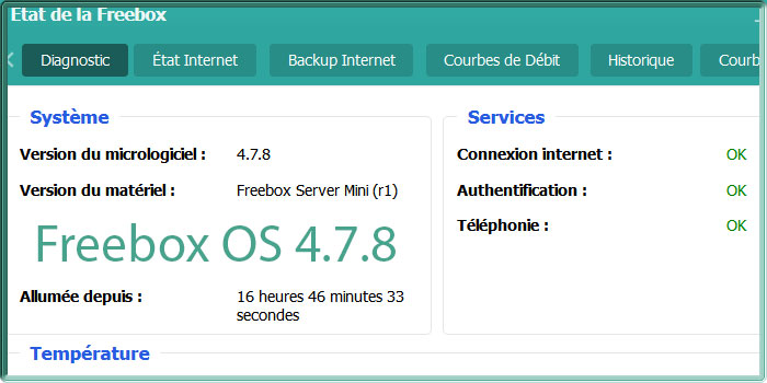 Capture d'écran sous Freebox OS de l'état d'une Freebox Mini 4K en version 4.7.8