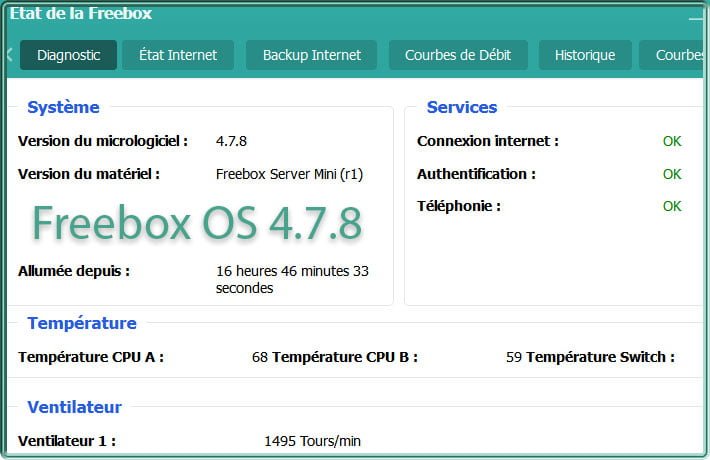Capture d'écran sous Freebox OS de l'état d'une Freebox Mini 4K en version 4.7.8