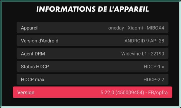 myCANAL 5.22 informations de l'appareil